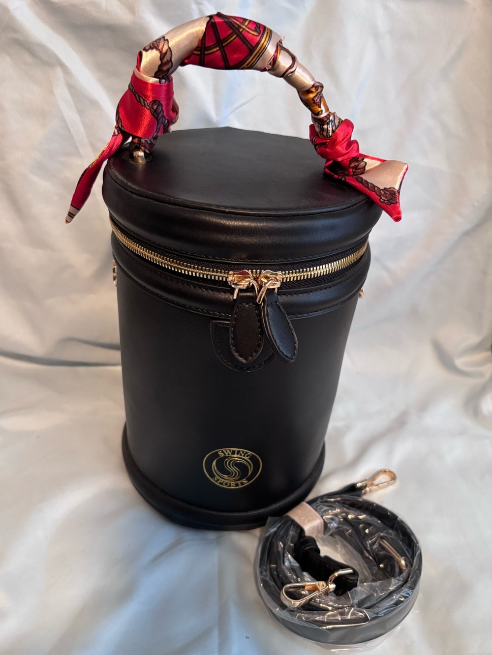 Swing Sports Black Cylinder Vanity Bag & Golf Club  Cover with Red Scarf